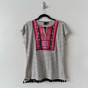 Rafaella-linen Blend Tassel Embroidered Summer Top